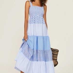 Sandro Blue and White Tiered Maxi Dress